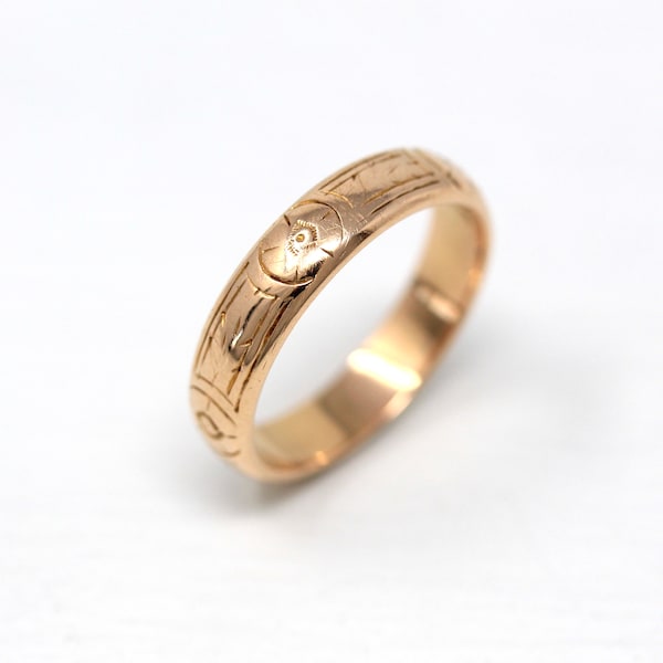 Antique Wedding Band - Victorian 14k Rose Gold Floral Design Eternity Style Ring - Dated 1882 Size 7.5 Fine Unisex Mens Wedding Band Jewelry