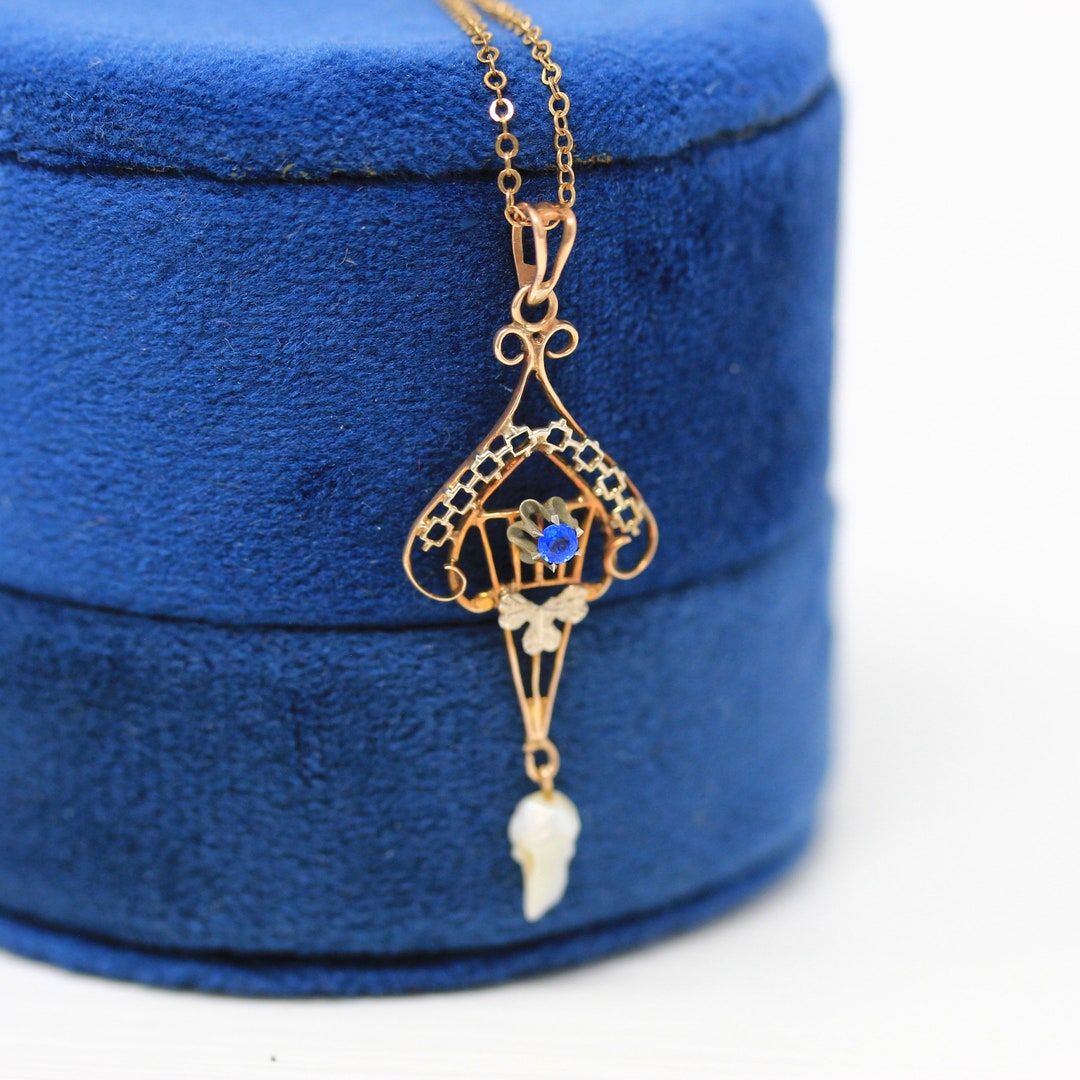 Sale Antique Lavalier Necklace Edwardian 10k Yellow Gold Baroque Pearl