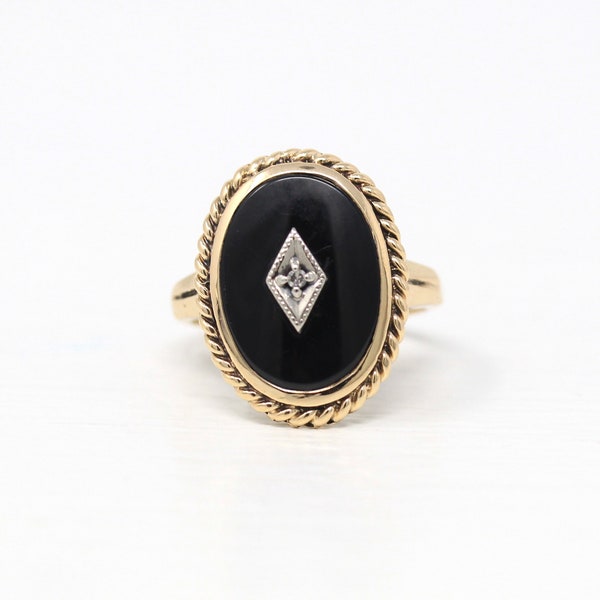 Vintage Onyx Ring - Retro 10k Yellow Gold Genuine Oval Cut Black Gemstone - Circa 1960s Era Size 6.5 Genuine .01 CT Diamond Fine Jewelry