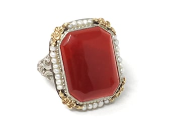 Art Deco Ring - Vintage 14k White Gold Natural Red Carnelian & Seed Pearl Halo - Circa 1930s Size 5 Two Tone Floral Filigree Fine Jewelry