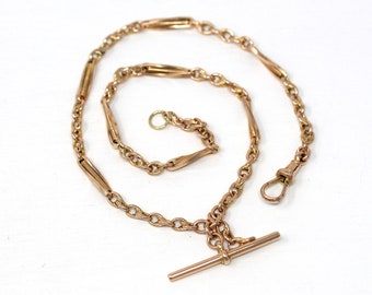 Sale - Pocket Watch Chain - Antique 9ct Rose Gold T Bar Spring Ring Swivel Clip Necklace - Edwardian Circa 1910s Fashion Accessory Jewelry