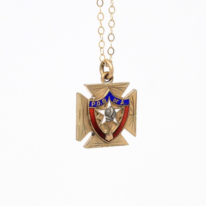 Sale Vintage Rosy Yellow Gold Filled Enamel Order of Sons of America Fob Dated 1910 Era POS of A Maltese Cross Antique Emblem Necklace