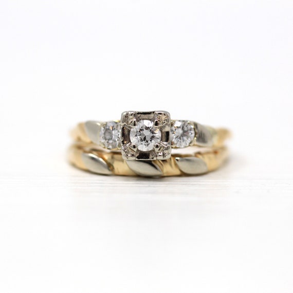 Sale - Wedding Ring Set - Retro 14k Yellow & Whit… - image 1