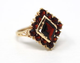 Statement Garnet Ring - 10k Yellow Gold Genuine Dark Red Gemstone Halo Style Design - Estate 1990s Size 9.75 January Birthstone Fine Jewelry