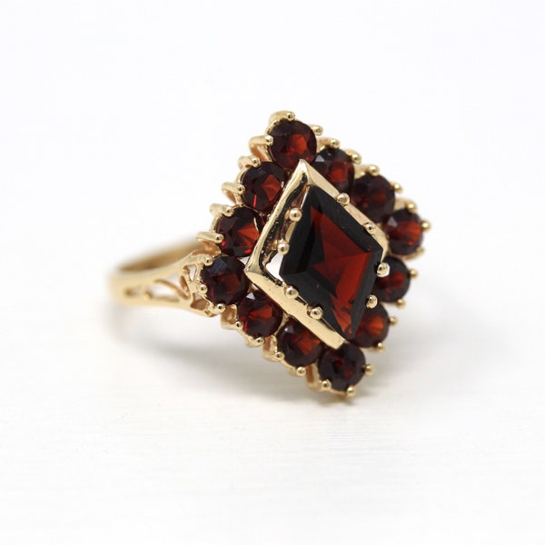 Statement Garnet Ring - 10k Yellow Gold Genuine Dark Red Gemstone Halo Style Design - Estate 1990s Size 9.75 January Birthstone Fine Jewelry