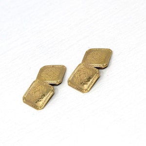 Art Deco Cufflinks - Vintage 10k Yellow Gold Engine Turned Design Cuff Links - Circa 1930s Era Wedding Fashion Accessory Fine 30s Jewelry