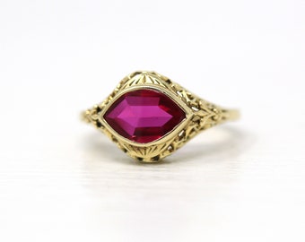 Sale - Created Ruby Ring - Art Deco Era 14k Yellow Gold Filigree Red Faceted Stone - Vintage 1930s Era Size 6.25 Floral Fine Antique Jewelry