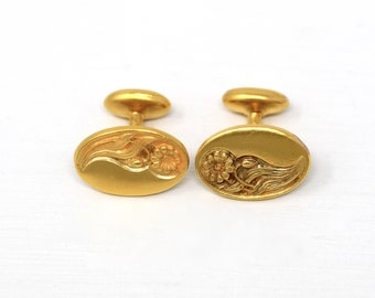 Art Nouveau Cufflinks - Antique 10k Yellow Gold Water Daisy Flower Fashion Accessory - Edwardian Vintage Circa 1900s Era Fine Men's Jewelry