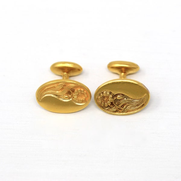 Art Nouveau Cufflinks - Antique 10k Yellow Gold Water Daisy Flower Fashion Accessory - Edwardian Vintage Circa 1900s Era Fine Men's Jewelry