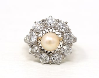 Cultured Pearl & Diamond Halo Ring - Edwardian 14k Yellow Gold Platinum 1.86 CTW Old European Cut - Antique Circa 1910s Size 5 1/4 Jewelry