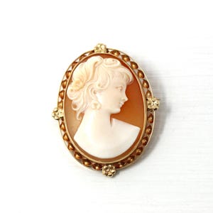 Vintage Cameo Brooch - Retro 14k Yellow Gold Carved Shell Woman&#39;s Profile Convertible Pendant - Circa 1940s Era Statement 40s Floral Jewelry