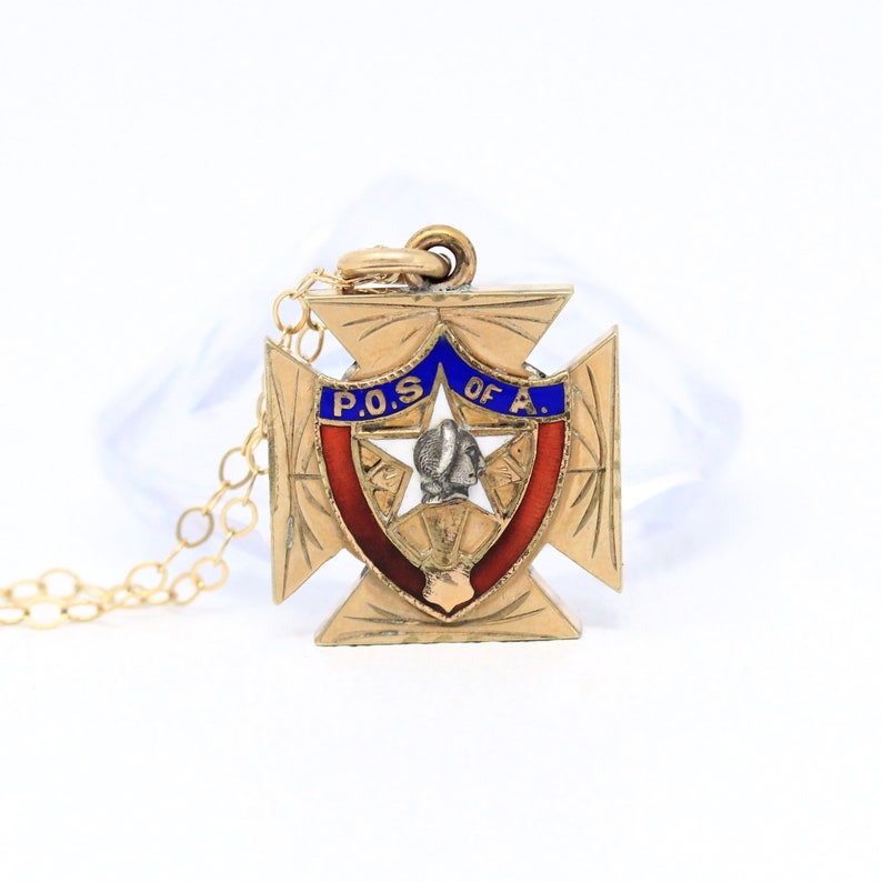Sale Vintage Rosy Yellow Gold Filled Enamel Order of Sons of America Fob Dated 1910 Era POS of A Maltese Cross Antique Emblem Necklace