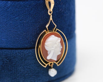 Antique Cameo Necklace - Edwardian 10k Yellow Gold Sardonyx Pendant Lavalier - Circa 1910s Era Baroque Pearl Fashion Accessory Fine Jewelry