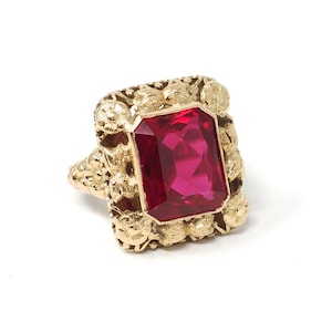 Vintage Created Ruby Ring - Retro 14k Yellow Gold French Cut Rectangular Red Gem Flower Statement - Circa 1940s Size 5 Floral Fine Jewelry