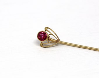 Sale - Antique Stick Pin - Art Deco Created Ruby Red Gem 14k Yellow Gold Heart - Circa 1910s Era Two Bezel Set July Birthstone Fine Jewelry