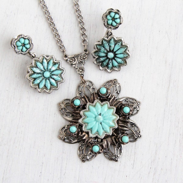 SALE - Vintage Faux Turquoise Necklace & Earring Set - 1940s Silver Tone Statement Teal Blue Demi Parure Flower Filigree Costume Jewelry