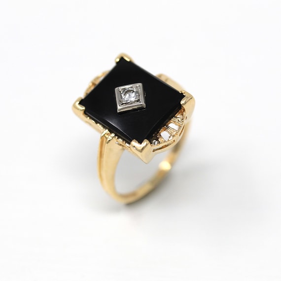 Genuine Onyx Ring - Retro 14k Yellow Gold Rectang… - image 3