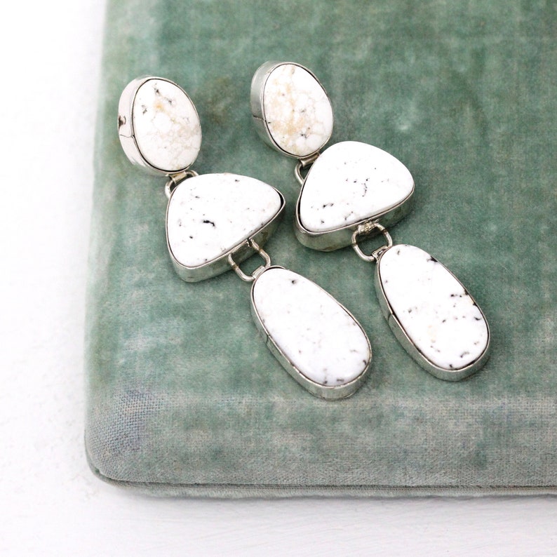 Retro Estate Pierced Dangle Drop Native American Jewelry Sterling Silver Earrings Etsitty Southwesten White Gemstone Statement Signed E
