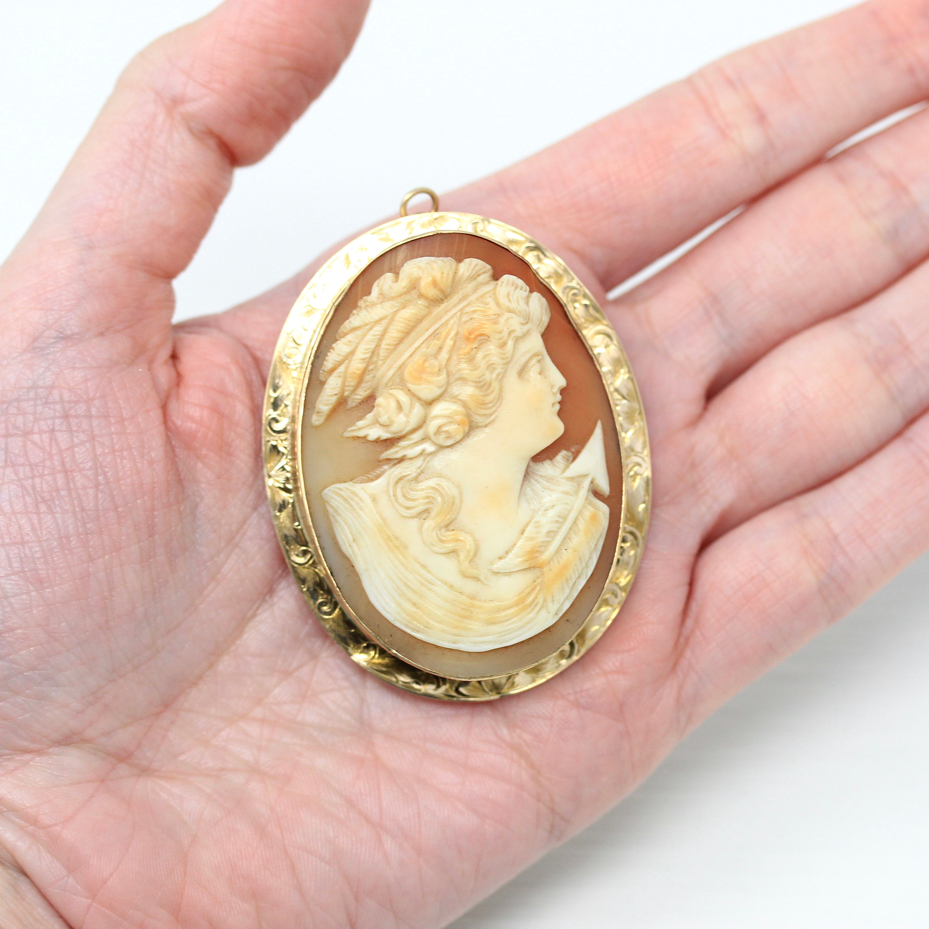 Broche Ancienne Vintage AMCO - Camée En Coquillage Sur Fond Plaqué Or 10 Carats