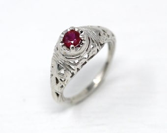 Vintage Ruby Ring - Art Deco Era 18k White Gold Genuine Pink Gemstone - Antique 1930s Size 4 Polished Bow Filigree Fine Engagement Jewelry