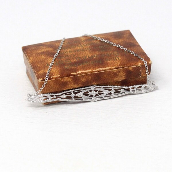 Sale - Art Deco Necklace - Antique 10k White Gold Conversion Statement Pendant - Vintage Circa 1920s Filigree Horizontal Fine 20s Jewelry