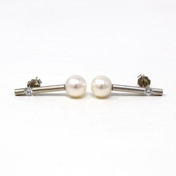 Cultured Pearl Earrings - Estate 18k White Gold D… - image 3