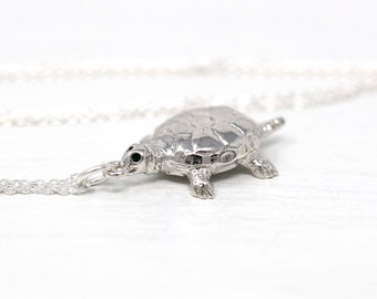 Sale - Vintage Turtle Pendant - Retro Sterling Silver Figural Reptile Animal Charm Necklace - Circa 1960s Tortoise 60s Signed Wells Jewelry