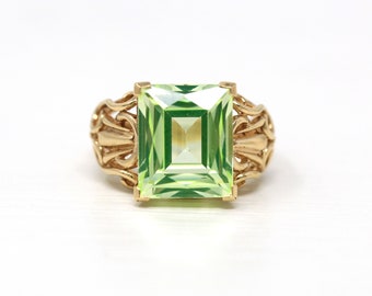 Sale - Created Spinel Ring - Retro 10k Yellow Gold Rectangular Faceted 7.50 CT Green Stone - Vintage 1960s Era Size 6 1/2 Statement Jewelry