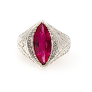 Ring met synthetische robijn - Vintage Art Deco zilveren ring met marquise slijping van 4,00 karaat, opvallend ontwerp met navettering - circa 1930, maat 11 1/2, geboortesteen van juli.