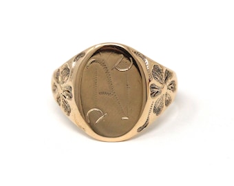 Ostby & Barton Signet Ring - Edwardian Era 10k Gold Oval Letter "N" Men's Unisex Flower Statement - Antique 1900s Size 8 1/4 Fine Jewelry
