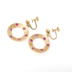 Screwback Ruby Earrings - Modernist 14k Yellow Gold .84 TW Natural Gems Open Circle Dangle Drops - Circa 1970s July Birthstone Fine Jewelry