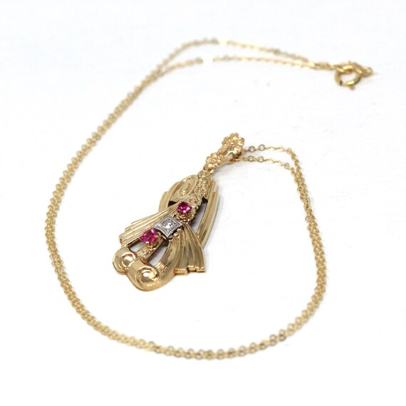 Retro Created Ruby Lavalier - 10k Yellow Gold Thr… - image 3
