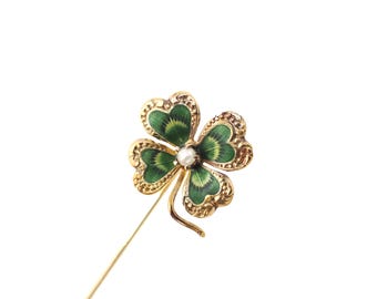 Broche de corbata vintage con trébol de cuatro hojas - Mediados de siglo, oro amarillo de 14k, perla cultivada, esmalte verde, naturaleza - Circa 1960, sombrero, corbata, joyería fina de los años 60