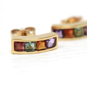 Modern Multi-Gemstone Earrings - Estate 14k Yellow Gold Channel Studs Pierced Posts - Circa 2000s Citrine Garnet Amethyst Fine Y2K Jewelry