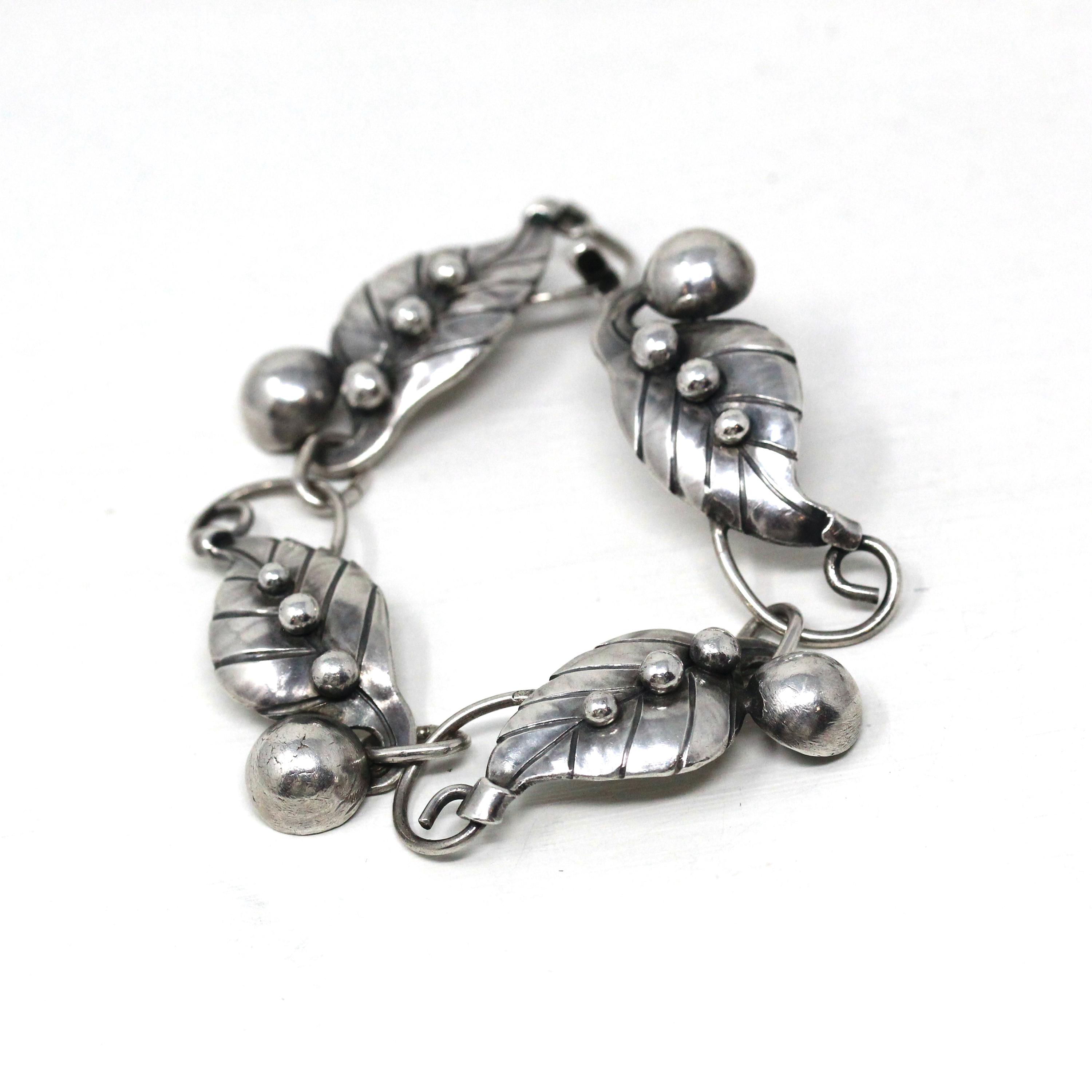 Vintage Leaf Bracelet - Retro Sterling Silver Berries Nature