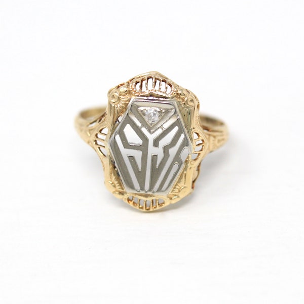 Sale - Dated 1936 Ring - Art Deco 14k Yellow And White Gold Filigree Milgrain Genuine Diamond - Vintage Size 5 Two Tone Statement Jewelry