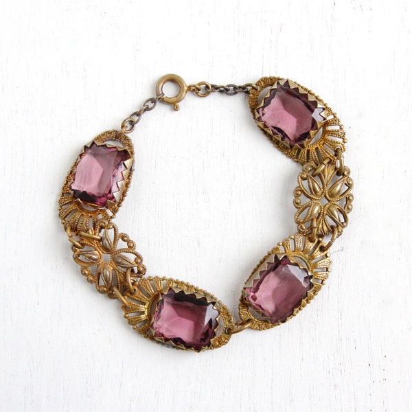 Antique Brass Amethyst Purple Glass Filigree Linked Bracelet- Vintage 1930s Art Deco Czech Costume Jewelry