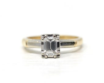 Diamond Engagement Ring - 14k Yellow & White Gold Natural .47 CT Emerald Cut - Size 4 1/4 Circa 1960s Retro Solitaire Fine Report Jewelry