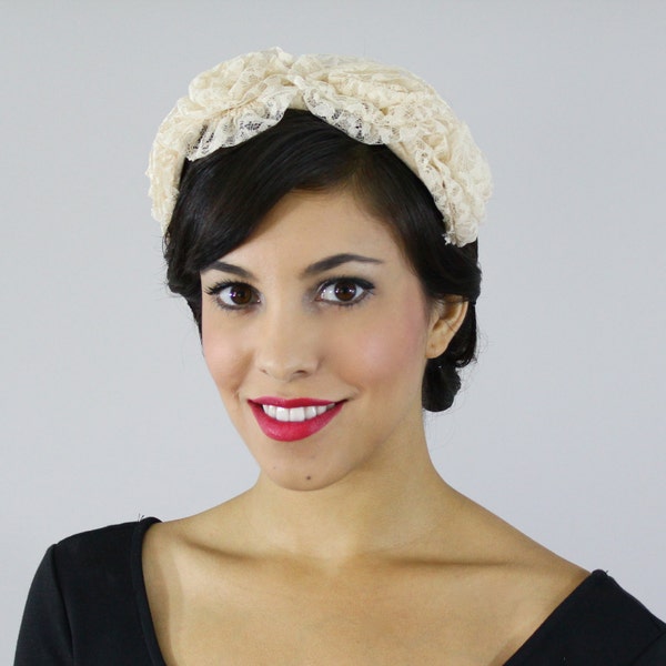 Vintage Off White Lace Headband - 1950s Wedding Bridal Ruffled Hat Accessory / Bridal Accessory