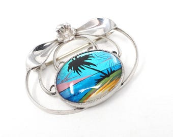 Morpho Schmetterling Brosche - Art Deco Sterling Silber Blau schillernde Flügel Pin - Zirka 1930er Jahre Ära Tropische Palme Sonnenuntergang Souvenir Schmuck