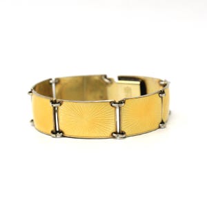 Guilloche Enamel Bracelet - Vintage Sterling Silver Gold Wash Yellow Panel Links - 1940s Geometric Souvenir Collectible Norway Jewelry