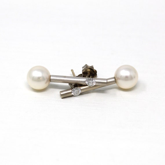 Cultured Pearl Earrings - Estate 18k White Gold D… - image 8