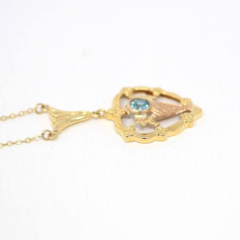 Vintage Zircon Necklace 1940s Era Genuine .70 CT Blue Gem Fine Rose Jewelry Sale Retro 10k Yellow Gold Heart Floral Gemstone Pendant