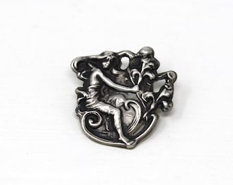 Art Nouveau Brooch - Antique Sterling Silver Small Pin , Woman Holding Flower - Edwardian Circa 1910s Era Fashion Accessory 925 Jewelry