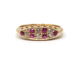 Antique Gemstone Ring - Edwardian 18k Yellow Gold Created Rubies & Diamond Band - Hallmarked 1910 Size 6 1/2 Fine English Statement Jewelry