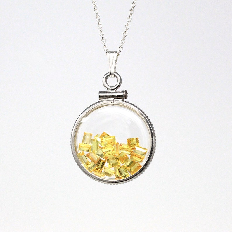 Yellow Sapphire Shaker Locket Fancy Baguette Cut Necklace Jewelry Handcrafted Sterling Silver Lucite Genuine 2.5 CTW Gemstones Pendant