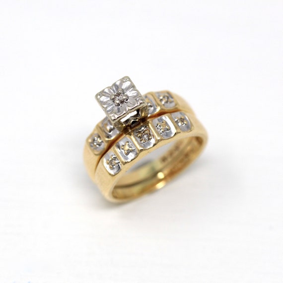 Sale - Wedding Ring Set - Retro 10k Yellow & White