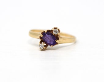 Sale - Amethyst & Diamond Ring - Retro 14k Yellow Genuine .36 CT Purple Gem - Vintage Circa 1970s Size 6 1/4 New Old Stock Fine 70s Jewelry