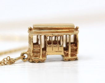 Sale - Modern Trolly Charm - Modern 14k Yellow Gold Figural Necklace - Estate San Francisco Tram Transportation Pendant Charm Fine Jewelry