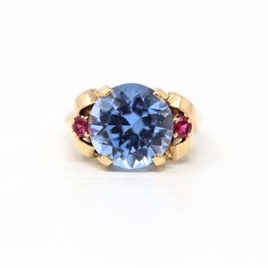 Sale - Created Spinel Ring - Retro 10k Yellow Gold Round Faceted 5.71 CT Blue Stone - Vintage Circa 1940s Size 5 3/4 Created Ruby Jewelry